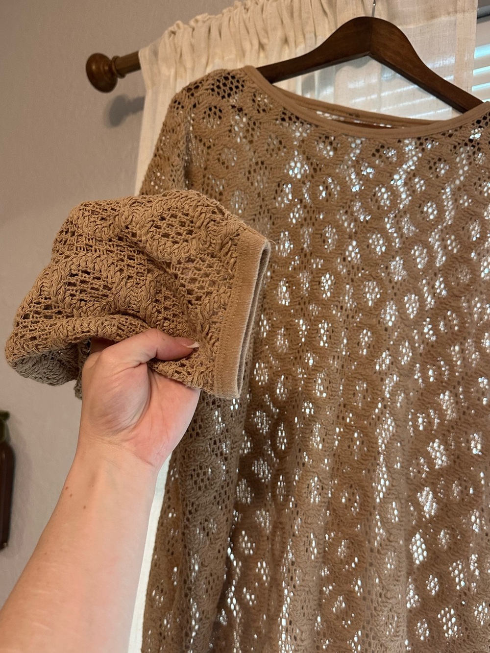 Vintage Crochet Beige Open-Knit Lightweight Sweater - Picture 2 of 2